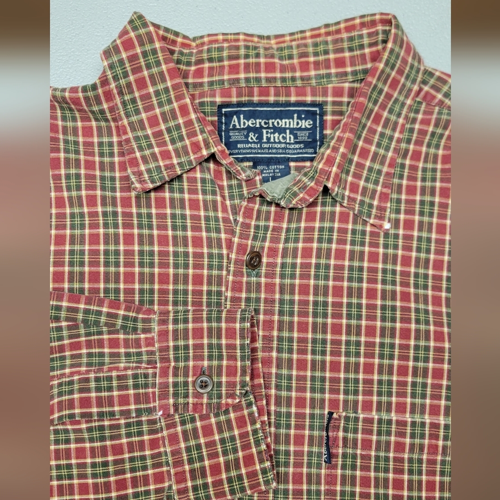 Vintage Abercrombie Fitch Men Heavy Cotton Button Up Shirt Large Plaid Red Green